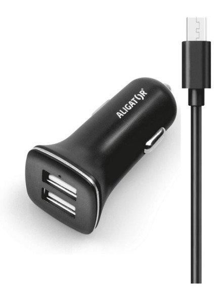 Nabíječka do auta Aligator s microUSB kabelem a 2xUSB výstupem 2,4A, turbo charge, černá