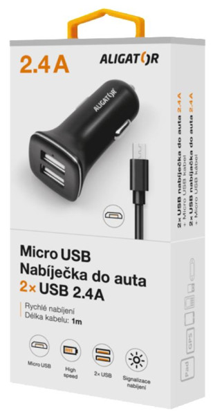 Nabíječka do auta Aligator s microUSB kabelem a 2xUSB výstupem 2,4A, turbo charge, černá
