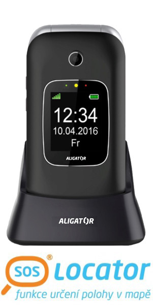 Telefon pro seniory Aligator V650 Senior, černo-stříbrný, s nabíjecím stojánkem