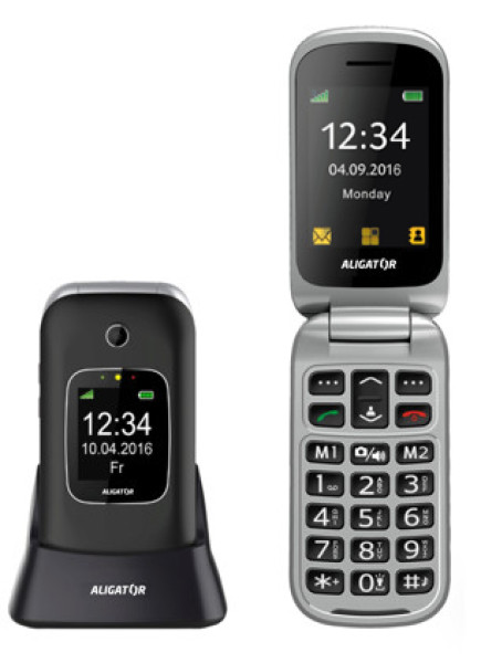 Telefon pro seniory Aligator V650 Senior, černo-stříbrný, s nabíjecím stojánkem