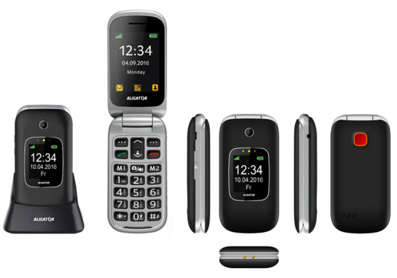 Telefon pro seniory Aligator V650 Senior, černo-stříbrný, s nabíjecím stojánkem