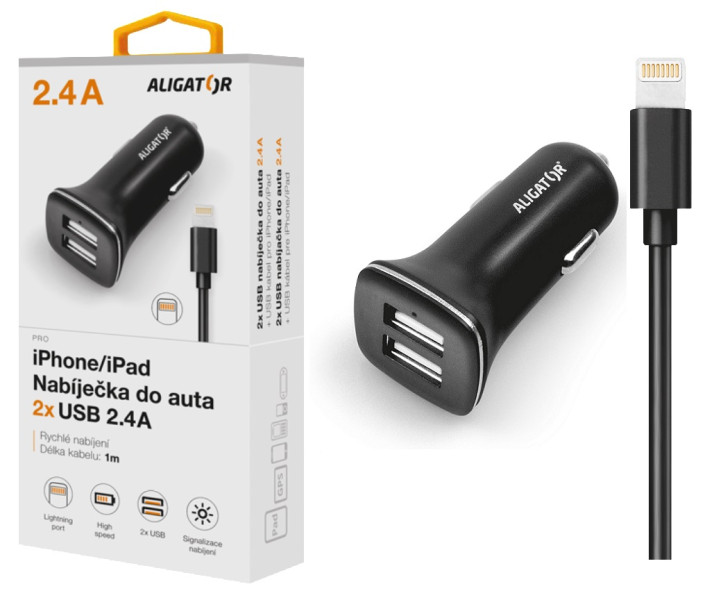Nabíječka do auta Aligator pro iPhone s 2xUSB výstupem 2.4A, turbo charge, černá