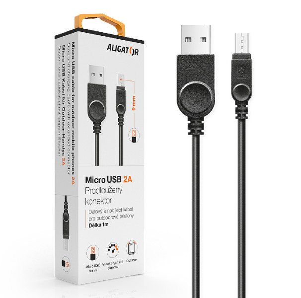 Datový kabel Aligator pro outdoorové telefony, microUSB 2A, černý, krabička