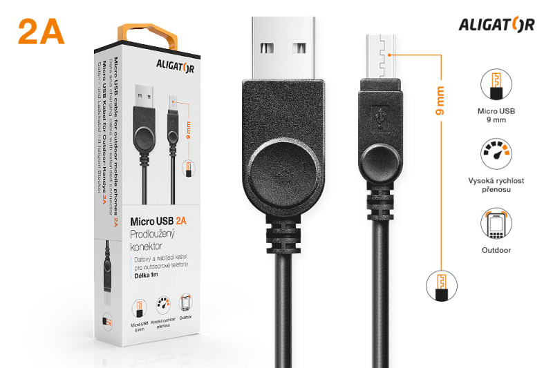 Datový kabel Aligator pro outdoorové telefony, microUSB 2A, černý, krabička