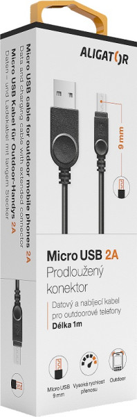 Datový kabel Aligator pro outdoorové telefony, microUSB 2A, černý, krabička