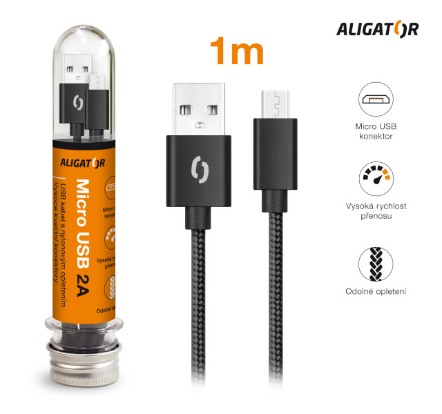 Datový kabel Aligator tuba 2A, micro USB černý