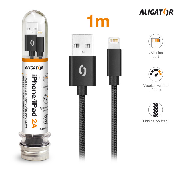 Datový kabel Aligator tuba 2A, iPhone lightning černý