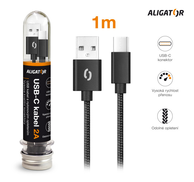 Datový kabel ALIGATOR TUBA 2A, USB-C černý