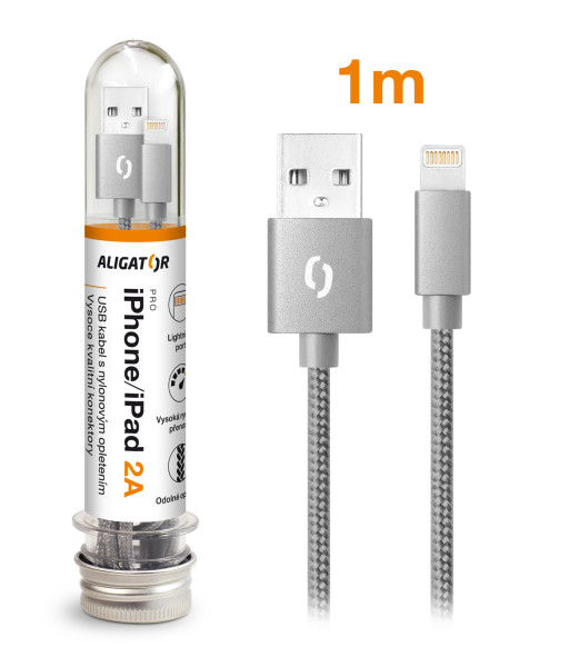 Datový kabel Aligator tuba 2A, iPhone lightning šedý