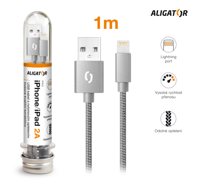 Datový kabel Aligator tuba 2A, iPhone lightning šedý