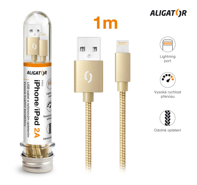 Datový kabel Aligator tuba 2A, iPhone lightning zlatý