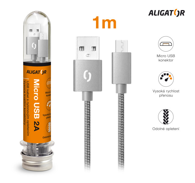 Datový kabel 2A, Micro USB - Aligator TUBA, šedý