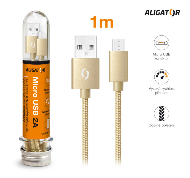 Datový kabel Aligator tuba 2A, micro USB zlatý