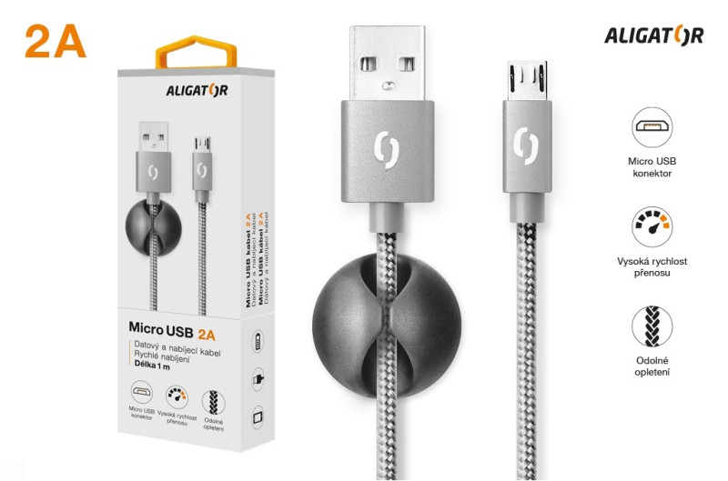 Datový kabel Aligator Premium 2A, micro USB šedý