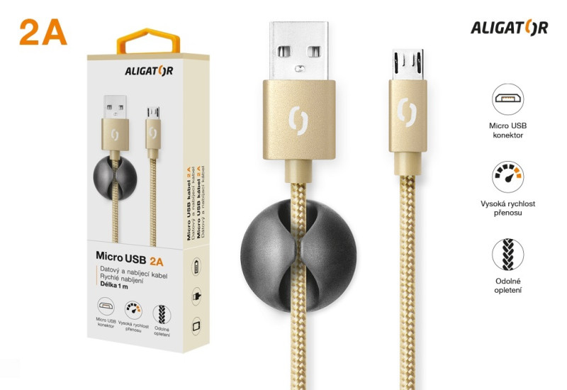 Datový kabel Aligator Premium 2A, micro USB zlatý