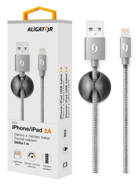 Datový kabel Aligator Premium 2A, lightning šedý