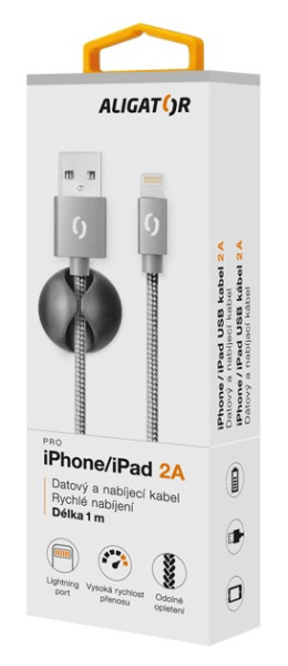 Datový kabel Aligator Premium 2A, lightning šedý