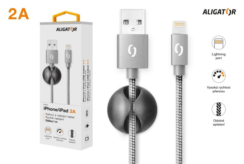 Datový kabel Aligator Premium 2A, lightning šedý