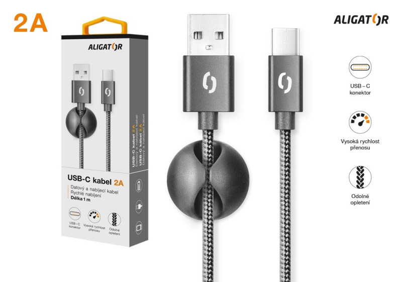 Datový kabel ALIGATOR PREMIUM 2A, USB-C černý