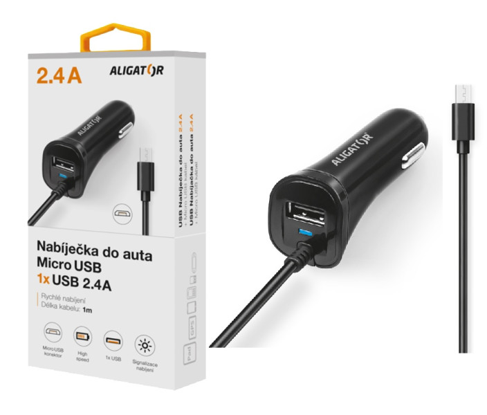 Nabíječka do auta Aligator s micro USB kabelem a USB výstupem 2.4A, černá