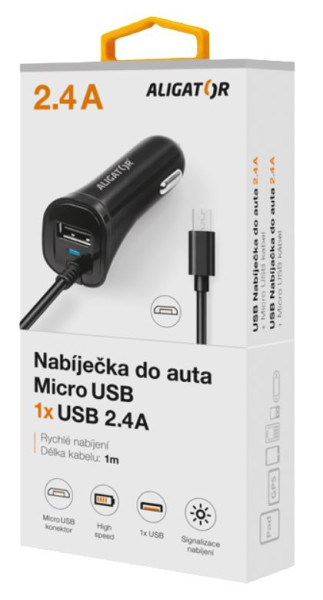 Nabíječka do auta Aligator s micro USB kabelem a USB výstupem 2.4A, černá