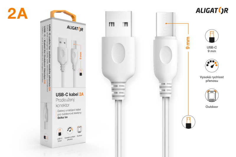 Datový a nabíjecí kabel ALIGATOR USB-C, 7,00 mm, délka 1m, 2A, USB 2.0, bílý