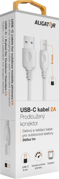 Datový a nabíjecí kabel ALIGATOR USB-C, 7,00 mm, délka 1m, 2A, USB 2.0, bílý