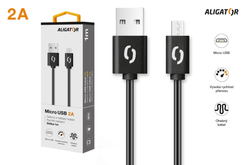 Datový kabel Aligator 2A micro USB 1m, černý