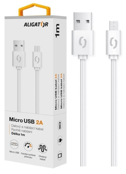Datový kabel Aligator 2A micro USB 1m, bílý