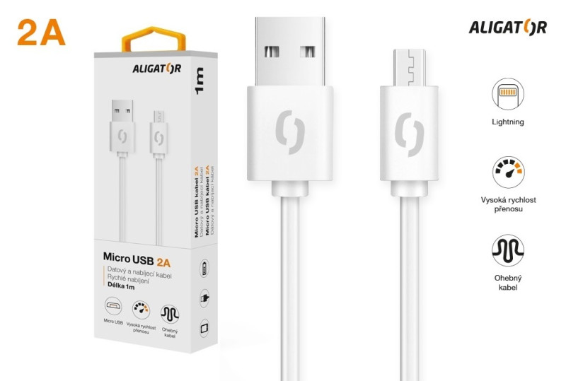 Datový kabel Aligator 2A micro USB 1m, bílý
