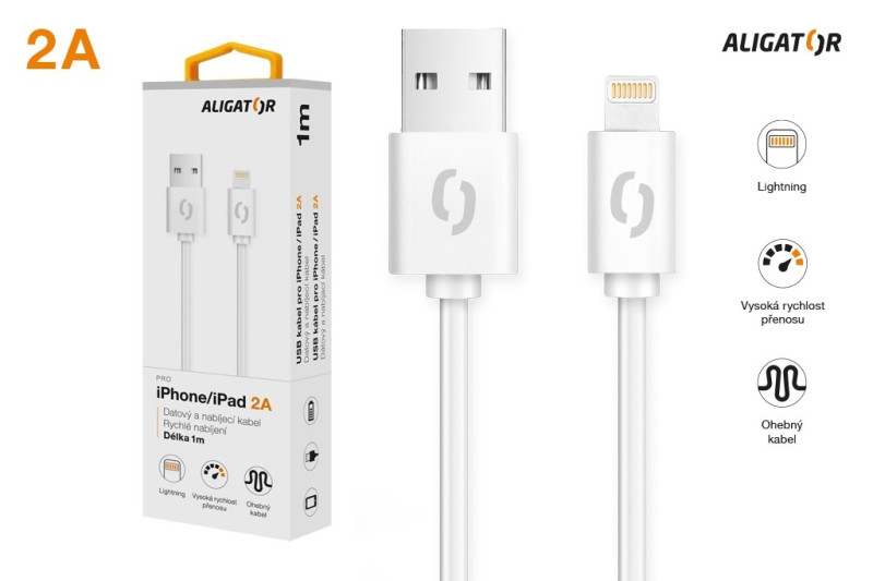 Datový kabel Aligator 2A iPhone lightning 1m, bílý