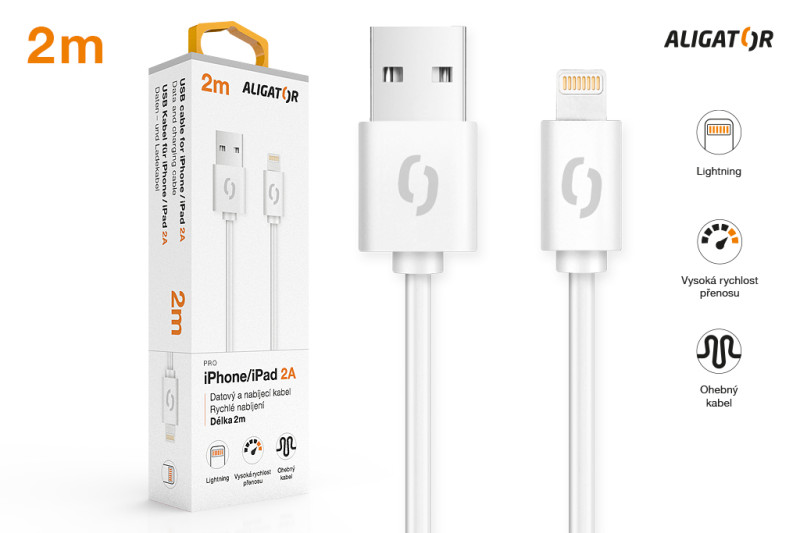 Datový kabel Aligator 2A iPhone lightning 2m, bílý