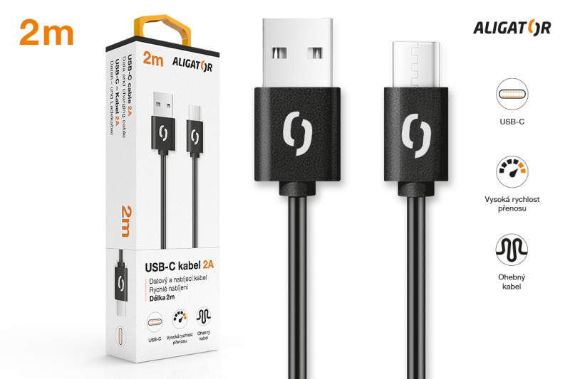 Datový kabel ALIGATOR 2A USB-C 2m, černý