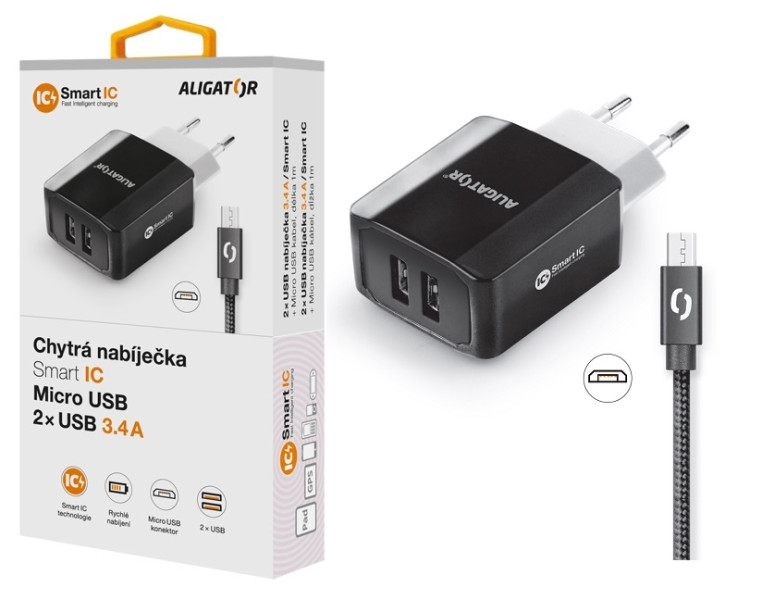 Nabíječka cd ali MicroUSB 2xUSB výst. 3.4A, Smart ic, černá