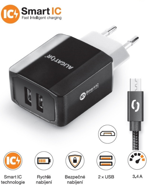 Nabíječka cd ali MicroUSB 2xUSB výst. 3.4A, Smart ic, černá