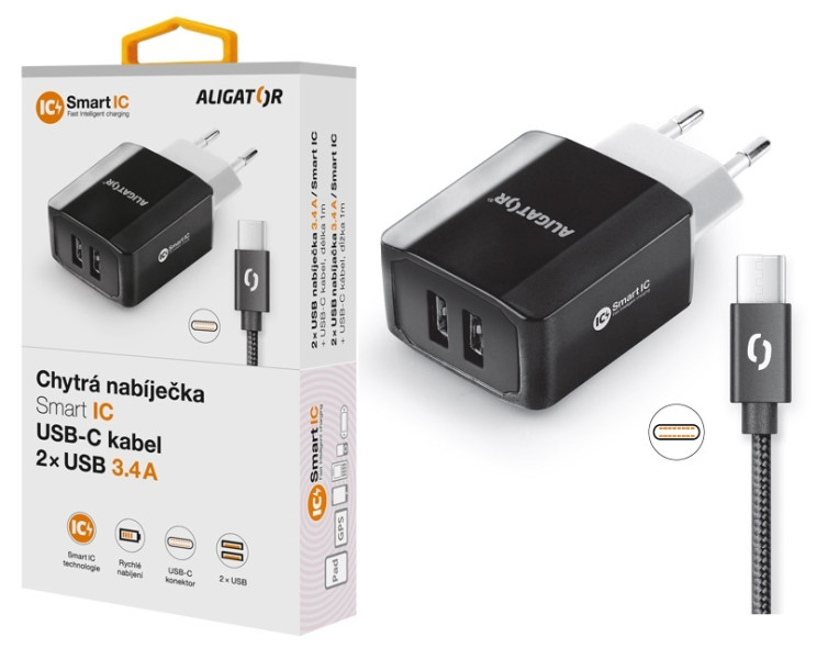 Nabíječka cd ali USB-C 2xUSB výstup, 3.4A, Smart ic, černá
