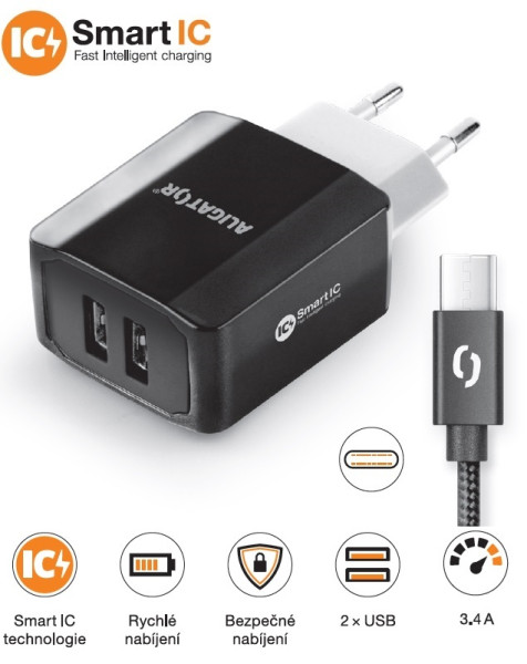 Nabíječka cd ali USB-C 2xUSB výstup, 3.4A, Smart ic, černá