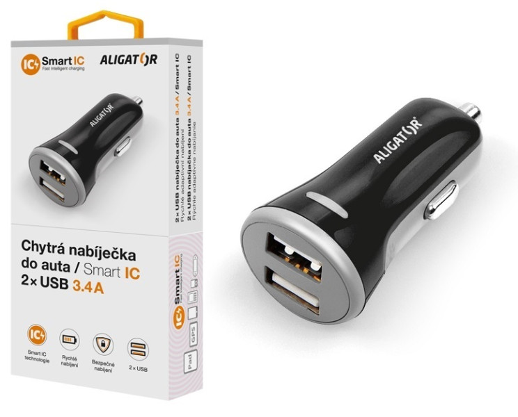 Nabíječka do auta Aligator , 2xUSB 3.4A, originální černá
