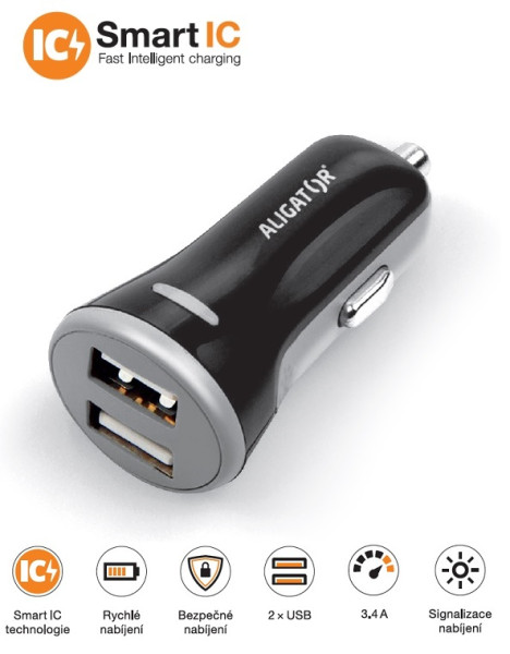 Nabíječka do auta Aligator , 2xUSB 3.4A, originální černá
