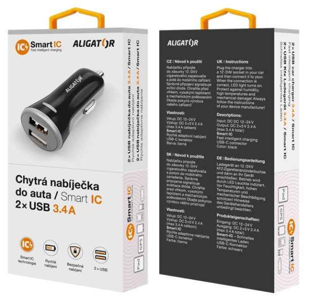Nabíječka do auta Aligator , 2xUSB 3.4A, originální černá