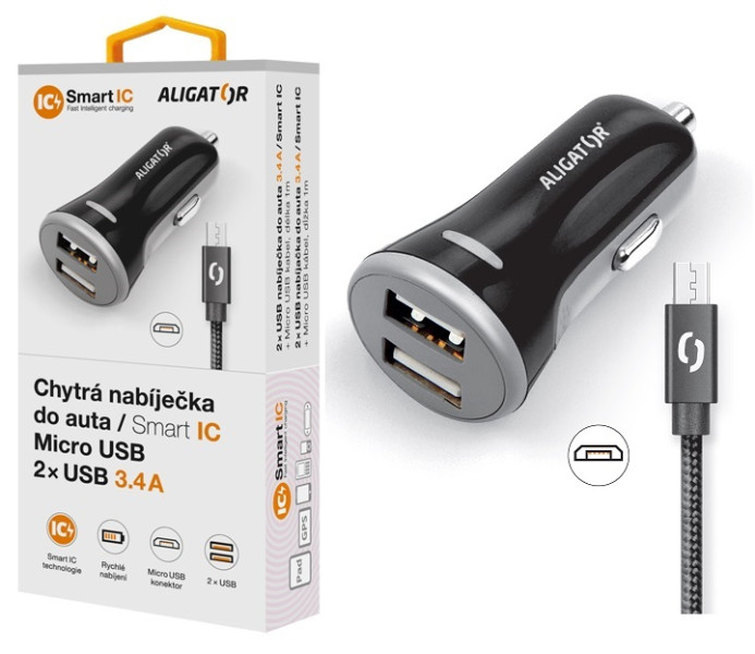 Nabíječka do auta Aligator s micro USB kabelem a 2xUSB výstupem 3.4A, černá
