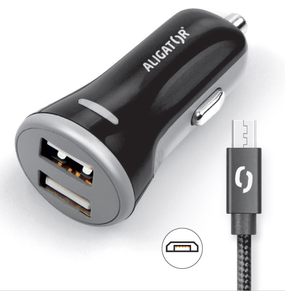 Nabíječka do auta Aligator s micro USB kabelem a 2xUSB výstupem 3.4A, černá