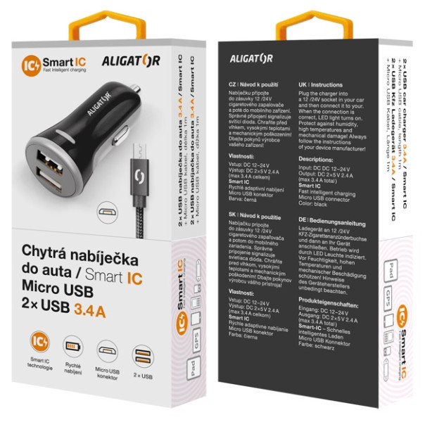 Nabíječka do auta Aligator s micro USB kabelem a 2xUSB výstupem 3.4A, černá