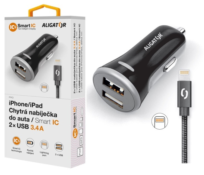 Chytrá nabíječka do auta Aligator 3.4A, 2xUSB, Smart ic, černá, USB kabel pro iPhone/iPad, černá