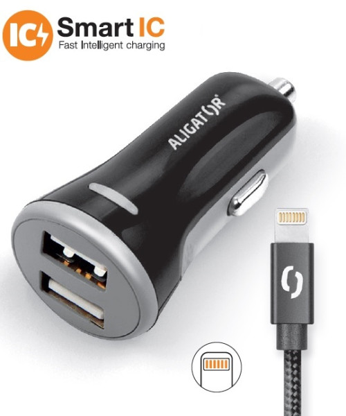 Chytrá nabíječka do auta Aligator 3.4A, 2xUSB, Smart ic, černá, USB kabel pro iPhone/iPad, černá