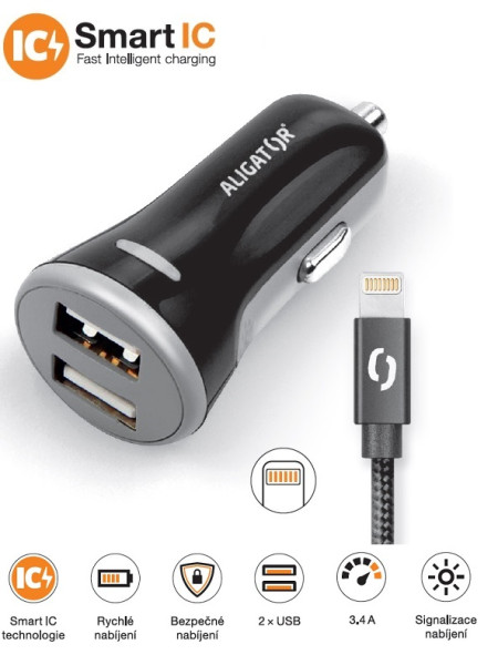 Chytrá nabíječka do auta Aligator 3.4A, 2xUSB, Smart ic, černá, USB kabel pro iPhone/iPad, černá