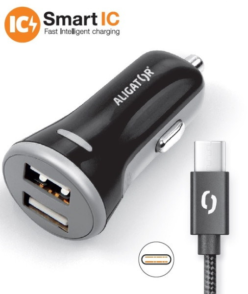 Nabíječka do auta Aligator s USB-C kabelem a 2xUSB výstupem 3.4A, černá