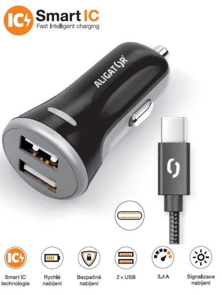 Nabíječka do auta Aligator s USB-C kabelem a 2xUSB výstupem 3.4A, černá