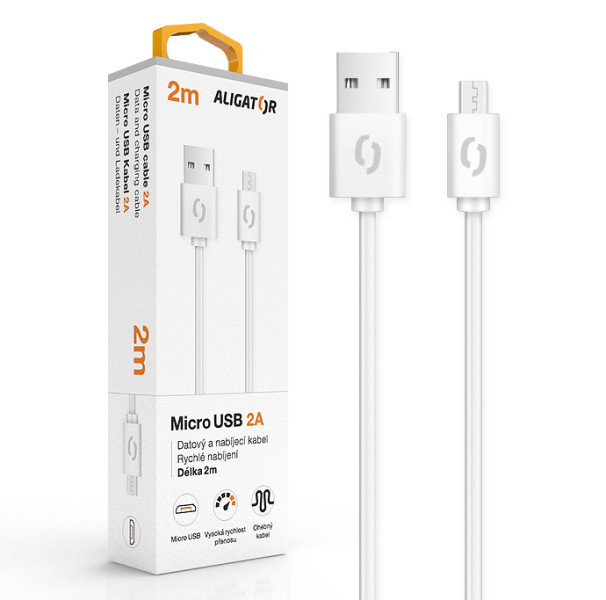 Datový kabel Aligator 2A micro USB 2m, bílý