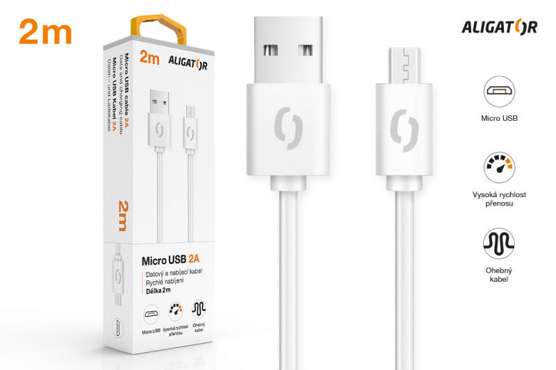 Datový kabel Aligator 2A micro USB 2m, bílý